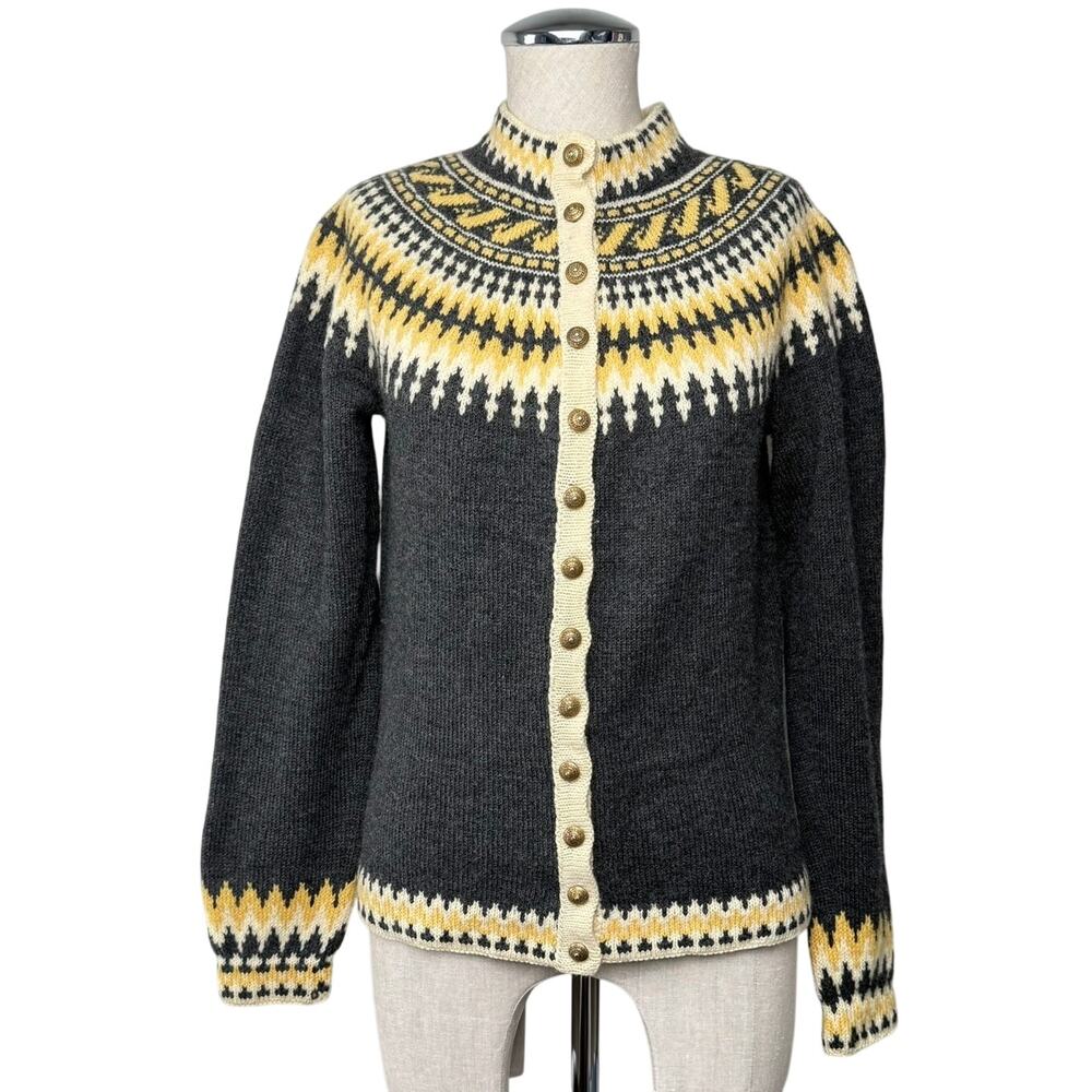 Vintage Danish Wool Fair Isle Cardigan Handmade Denmark Nordic Design Charcoal